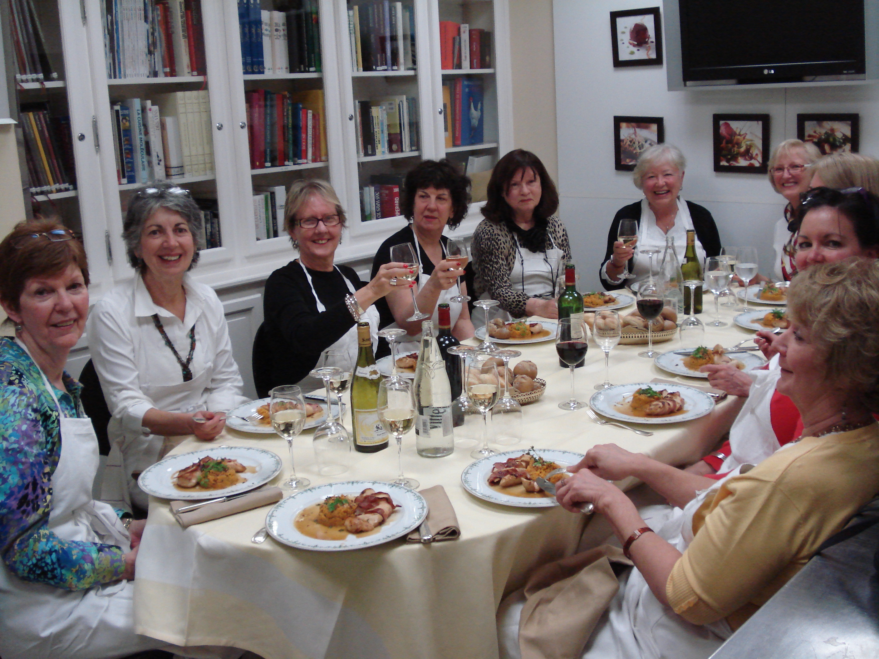 Our group of Paris women enjoying the meal we prepared after our cooking class at the Paris Ritz Hotel. That's me, second from the left swilling a delightful Sancerre.